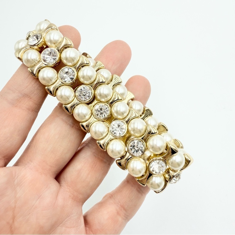 Monet Gold Tone Rhinestones Faux Pearl Stretch Bracelet